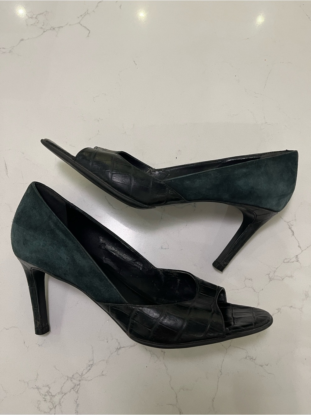 Lauren Ralph Lauren Dark Green Suede & Black Leather Peep-Toe Heels